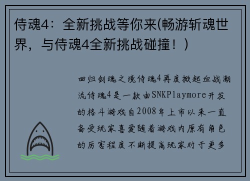 侍魂4：全新挑战等你来(畅游斩魂世界，与侍魂4全新挑战碰撞！)